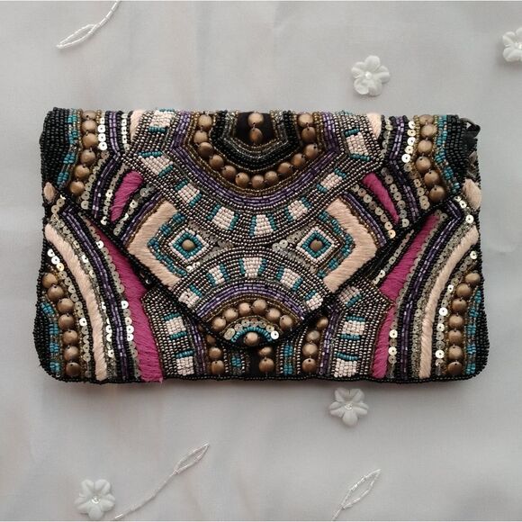 EUC Multicolored Handmade India Glass Beaded Boho Cotton & Leather Snap Clutch - Picture 1 of 13